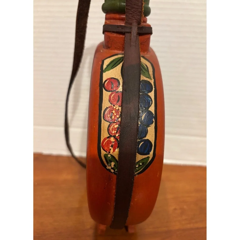 Vintage Hand Painted Wooden Canteen Glass Window Folk Art Berry Leather Strap